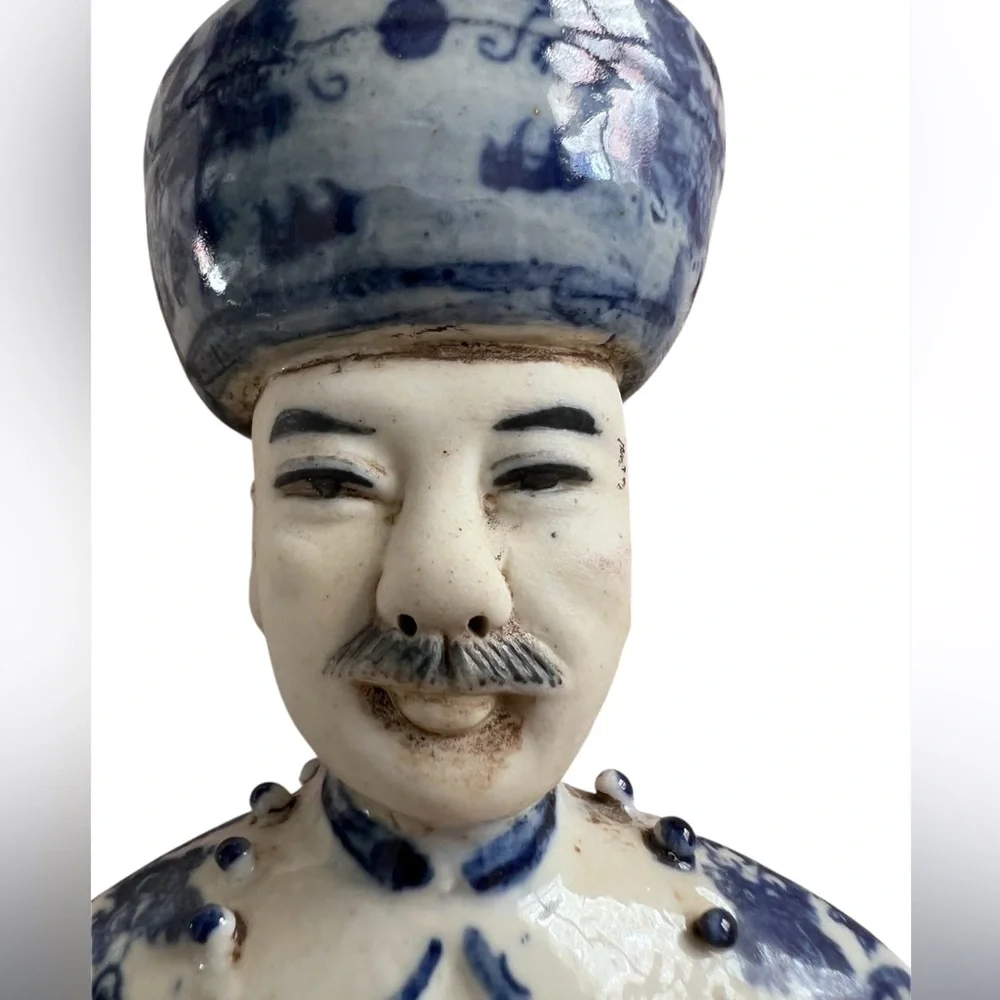Chinese Emperors Set of 2 Blue & White Porcelain Figurines